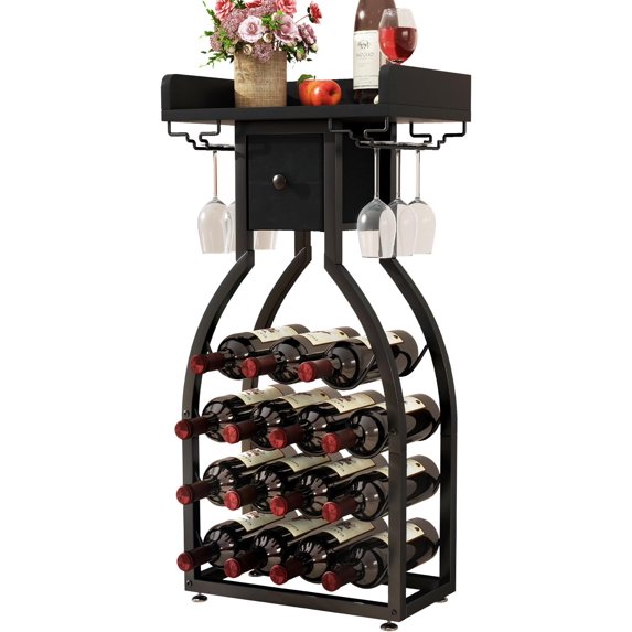 Black Mini Bar Wine Cabinet - 15-Bottle Freestanding Rack - With Glass ...