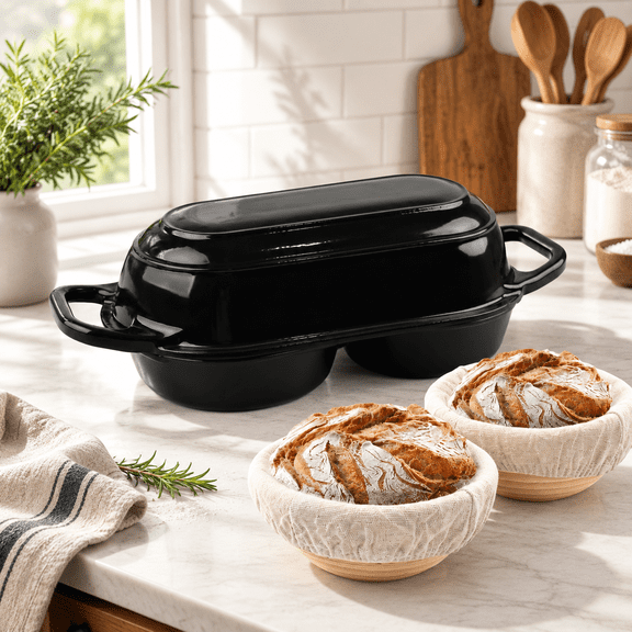 Black Mini Double Dutch Oven With 2 Pack Banneton Bread Proofing Baskets for Sourdough Baking
