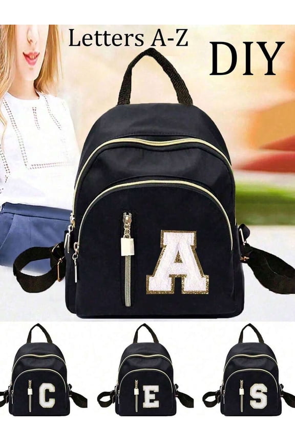 Black Mini Embroidered Letter Backpack With Gold Zipper