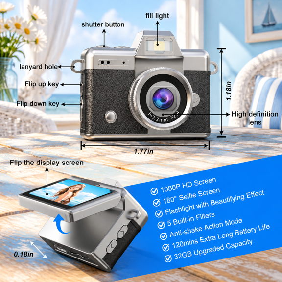 Black Mini Keychain HD Digital Camera with 32GB SD Card for Travel and Daily Vlogging