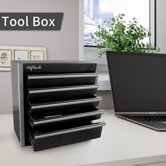 Black Mini Metal Tool Box with 5 Drawers and Top Storage