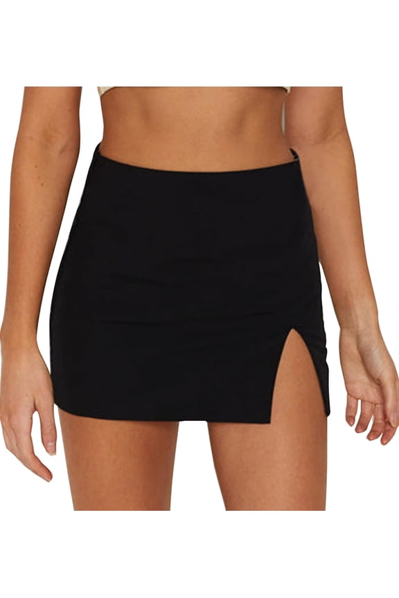 Black Mini Skirt Women's High Waisted Stretch Fitted Bodycon Skirt with Slit