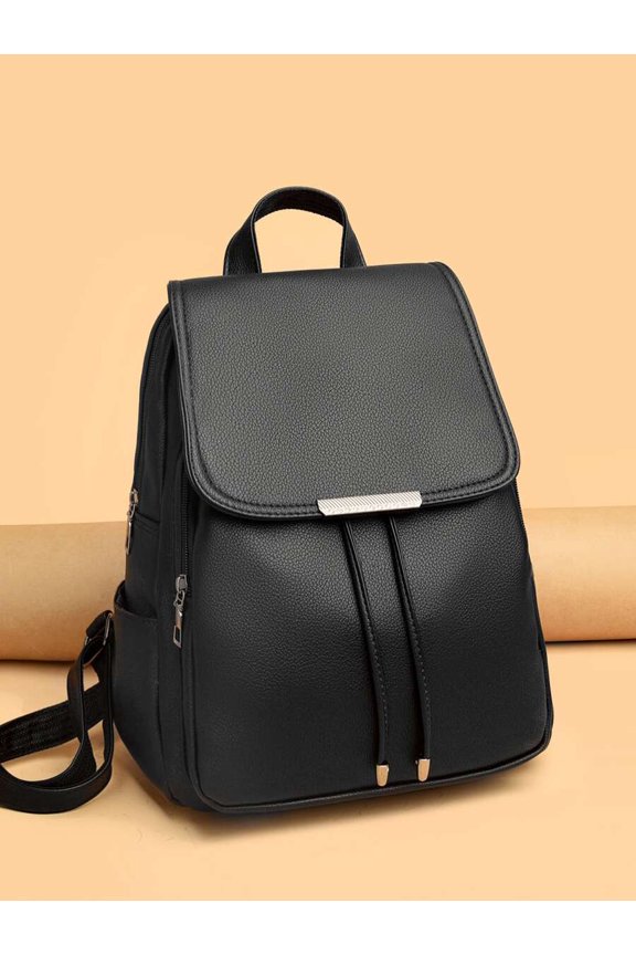 Black Minimalist Embossed Leatherette Backpack With Drawstring Closure