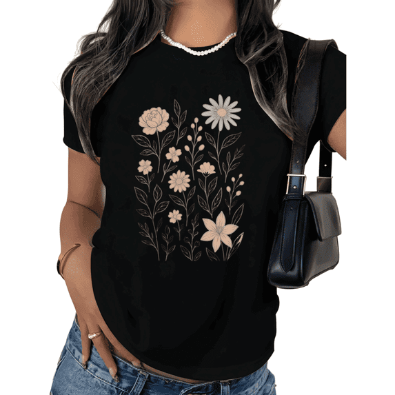 Black Minimalist Floral Print Tshirt Graphic Tees Shirts Women Spring Casual Cute Gift S 5XL Tops