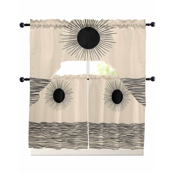 Black Minimalist Lines Kitchen Curtains Sets 24 Inch Length with Valance, Modern Stripe Art Swag Valances and Tiers Curtain Set Drapes Swag Curtains for Living Room, Bathroom, Bedroom, Cafe