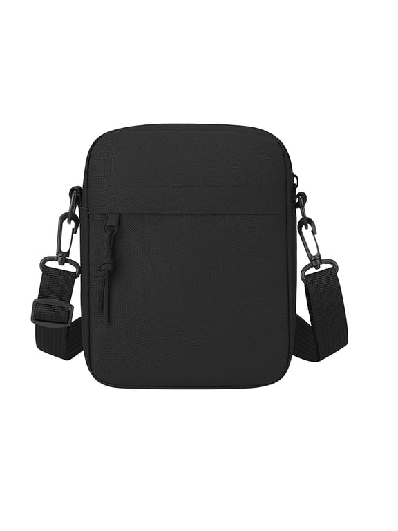 Black Minimalist Men'S Crossbody Bag In Solid Color, Small Square Design With Multiple Compartments, Durable Fabric For Daily Use And Hands-Free Convenience