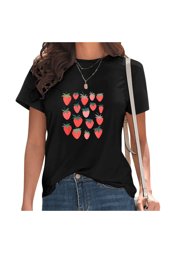 Black Minimalist Mixed Strawberry Print T-Shirt Women's Casual Loose Fit Short Sleeve Cute Fruit Aesthetic Summer Graphic Tee Tops S-5XL