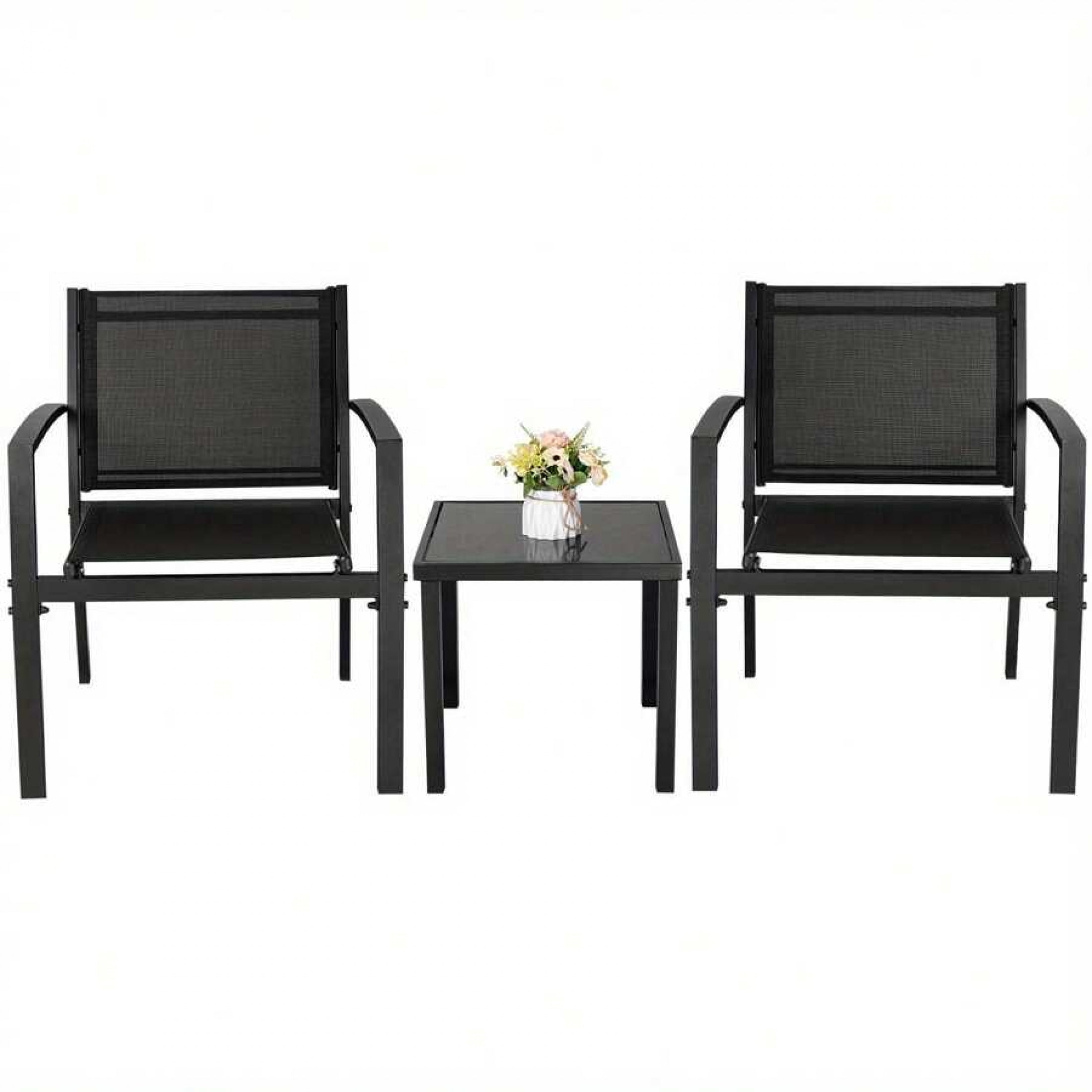Black Minimalist Outdoor Furniture Set, 2 Chairs + 1 Table, Metal ...