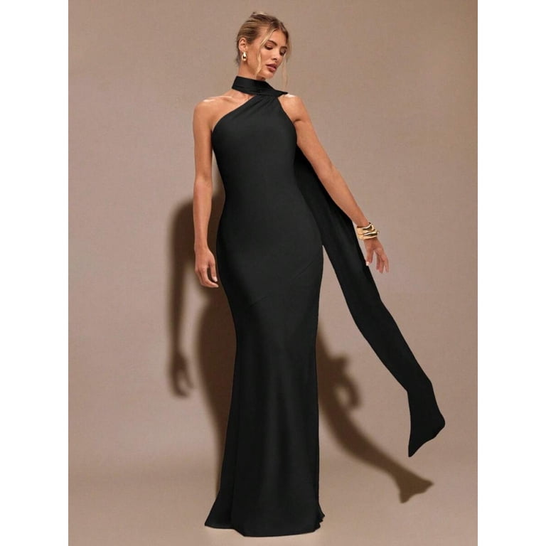 Black Minimalist Satin Asymmetric One Shoulder Hollow Backless Tie Maxi Dress For Formal Cocktail Evening
