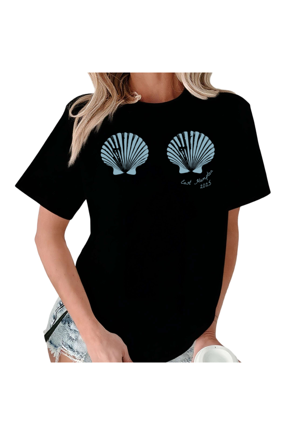 Black Minimalist Seashell Print Tshirts Beach Vacation Gift Graphic Tee S-5XL Advanced Tops