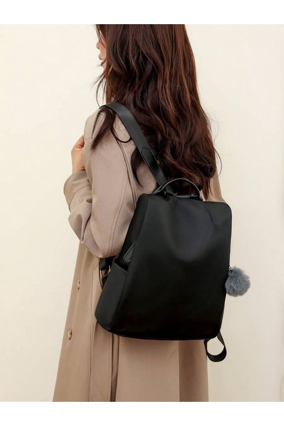 Black Minimalist Solid Color Backpack With Pom-Pom Charm