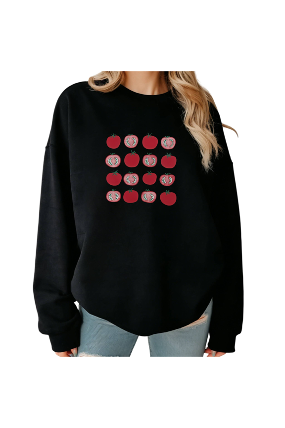 Black Minimalist Tomato Grid Print Crewneck Sweatshirt Women's Casual Loose Fit Long Sleeve Fresh Vegetable Aesthetic Pullover Top S-3XL