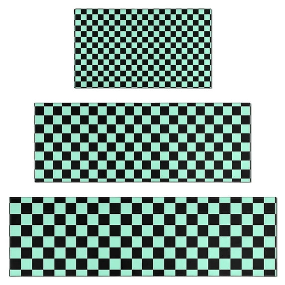 Black and Mint Green Checkerboard Pattern Kitchen Rugs Sets Of 3,Kitchen Runner Rugs Non Skid Washable,Decorative Kitchen Floor Mats for Kitchen,Sink,Laundry,17"x30"+ 17"x47" + 17"x59"