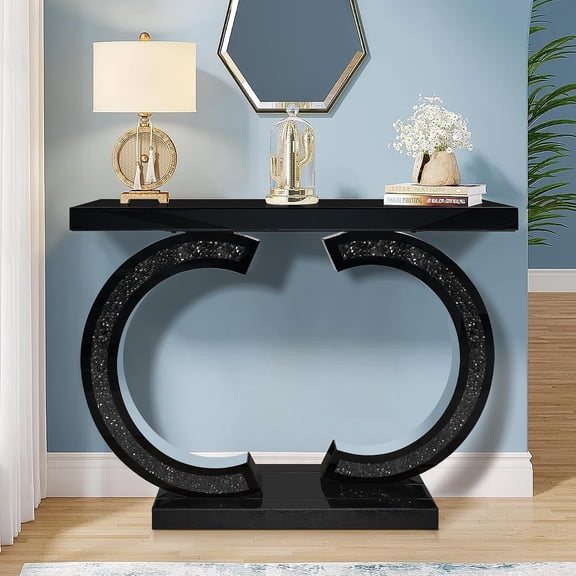 Black Mirrored Console Table with Crushed Diamond Inlay, 39.4'' Long Entryway Sofa Table, Double C-Shaped Base Modern Accent Narrow Table for Living Room, Hallway, Foyer, Entrance