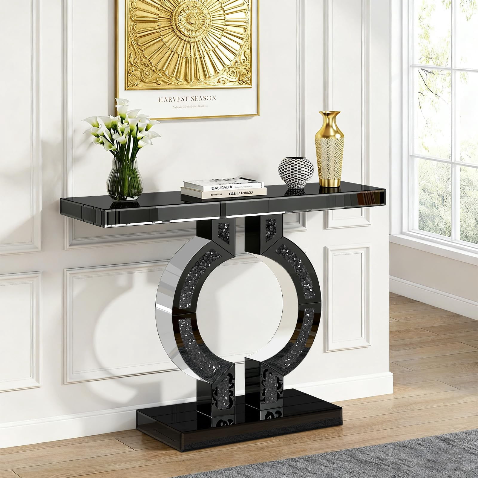 Black Mirrored Console Table with Crushed Diamond Inlay, 39.4'' Long Entryway Sofa Table, O-Shaped Base Modern Accent Narrow Table for Living Room, Hallway, Foyer, Entrance