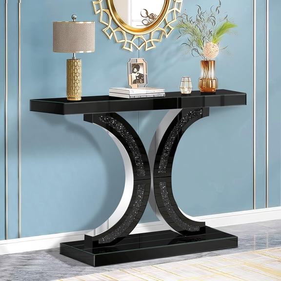 Black Mirrored Console Table with Crushed Diamond Inlay, 39.4'' Long Glass Entryway Sofa Table, C-Shaped Base Modern Accent Narrow Table for Living Room, Hallway, Foyer, Entrance