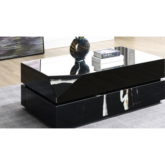 Black Mirrored Rectangular Coffee Table for Living Room Displaying Decorative Items Durable with Marble Grain Design