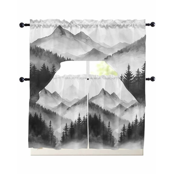 Black Mist Forest Kitchen Curtains Swag Valance and Tier Curtains Set 36 Inch Length, Vintage Natural Mountain Landscape Rod Pocket Drape Panels Pair Swag Curtain for Bathroom/Cafe/Window