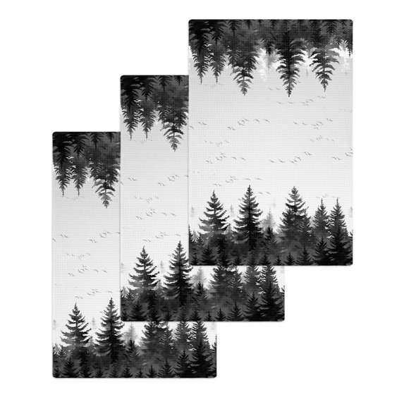 Black Mist Forest Kitchen Dish Towels for Drying Dishes Set of 3, Retro Country Watercolor Tree Scenery Waffle Weave Microfiber Hand Tea Bathroom Towels Quick Dry & Absorbent Towel 15.7x23.6