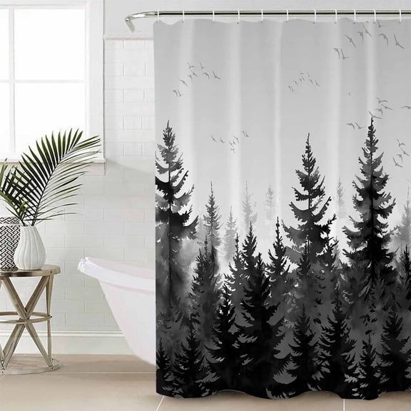 Black Mist Forest Standard Shower Curtain Set, Waterproof Shower Curtains for Bathroom, Retro Country Watercolor Tree Scenery Washable Fabric Cloth Bath Curtain for Bathtub with Hooks 72x72 Inches