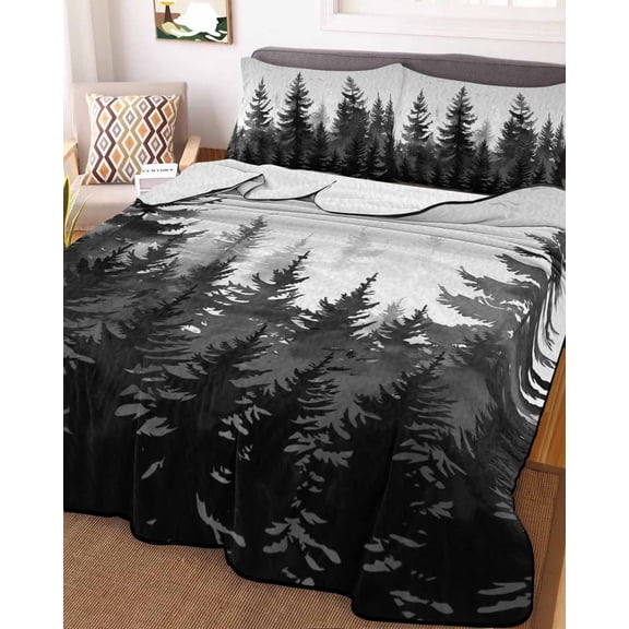 Black Mist Forest Twin Size Down Alternative Comforter, Lightweight Comforter Quilt Bedding Set with Pillow Shams Retro Country Watercolor Tree Scenery All Seasons Bed Comforter Duvet Insert 68"x86"