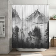 Black Misty Forest Shower Curtain, Mysterious Mountain Polyester Cloth Curtains for Windows , with 12 Plastic Hooks,70.8" x 70.8"