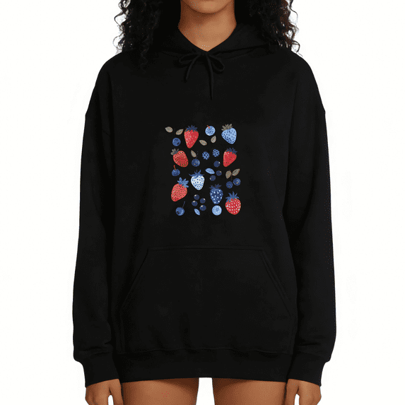 Black Mixed Berry Strawberry Blueberry Print Hoodie Graphic Sweatshirt Shirts Cute Fruit Lover Summer Casual Tops S-2XL
