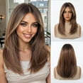 thumbnail image 1 of Black Mixed Brown Wigs For Women Medium Length Layered Straight Wig Middle Part Glueless Synthetic Wigs for Daily Party Use 16 Inch, 1 of 6