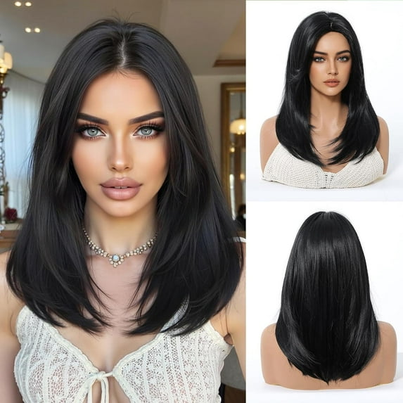 Black Mixed Brown Wigs For Women Medium Length Layered Straight Wig Middle Part Glueless Synthetic Wigs for Daily Party Use 16 Inch