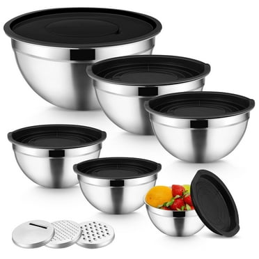 Mixing Bowls with Lids Set of 9, Vesteel Stainless Steel Mixing Bowls Metal Nesting Salad Bowls Attach with 3 Graters for Kitchen Grating/ Shredding, Size 4.6, 2.6, 2, 1.5, 1, 0.7 QT - Black