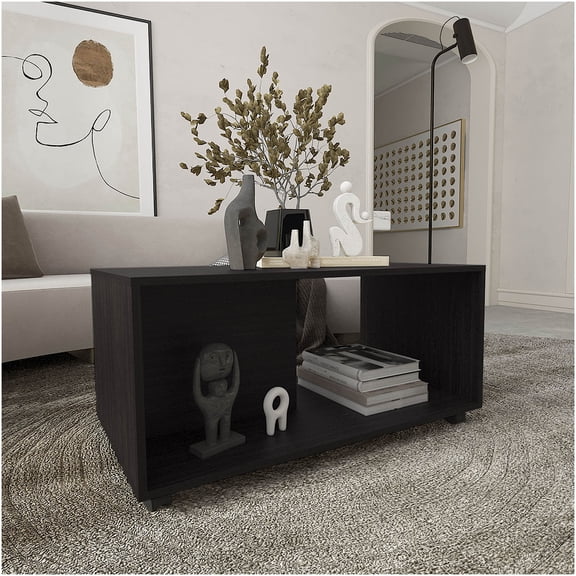 Black Mobile Coffee Table with Wheels, Modern Rectangular Design for Living Room, Spacious One Shelf Storage