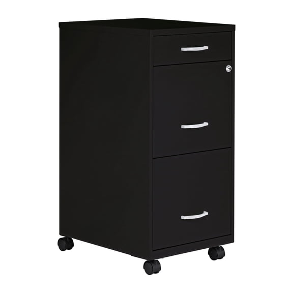 Black Mobile File Cabinet, 3 Drawer, Lockable, Rolling, 26.5 x 14.3 x 18 Inches