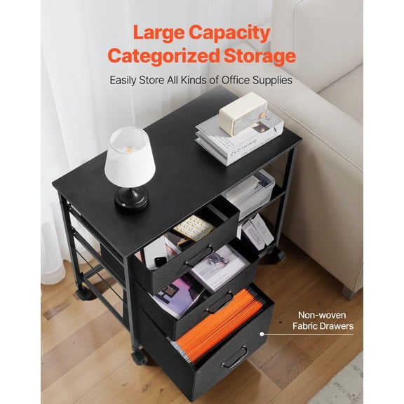 Black Mobile Storage Cabinet: Metal Frame with 3 Fabric Drawers and 2 Open Shelves