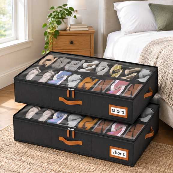 Black Modern 2-Pack Under Bed Shoe Storage Organizer Fits 32 Pairs