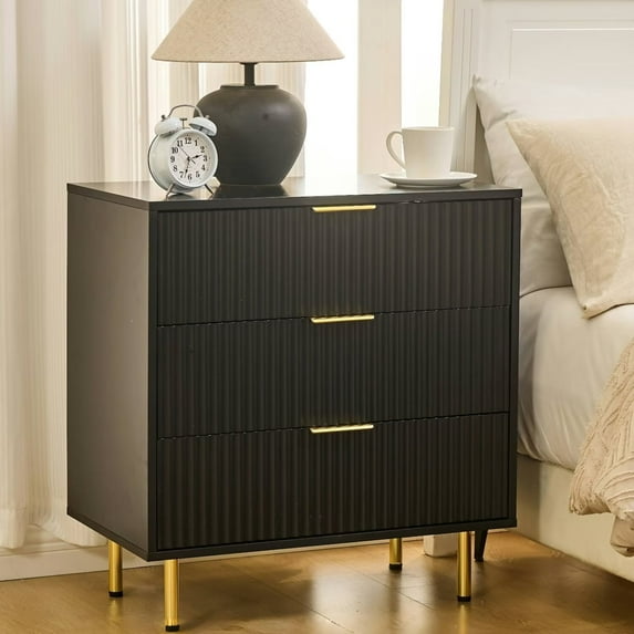 Black Modern 3 Drawer Dresser Fluted Wood Chest of Drawers for Bedroom Living Room