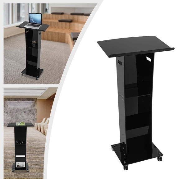 Black Modern Acrylic Podium Stand with Wheels Portable Speaking Lectern Stand