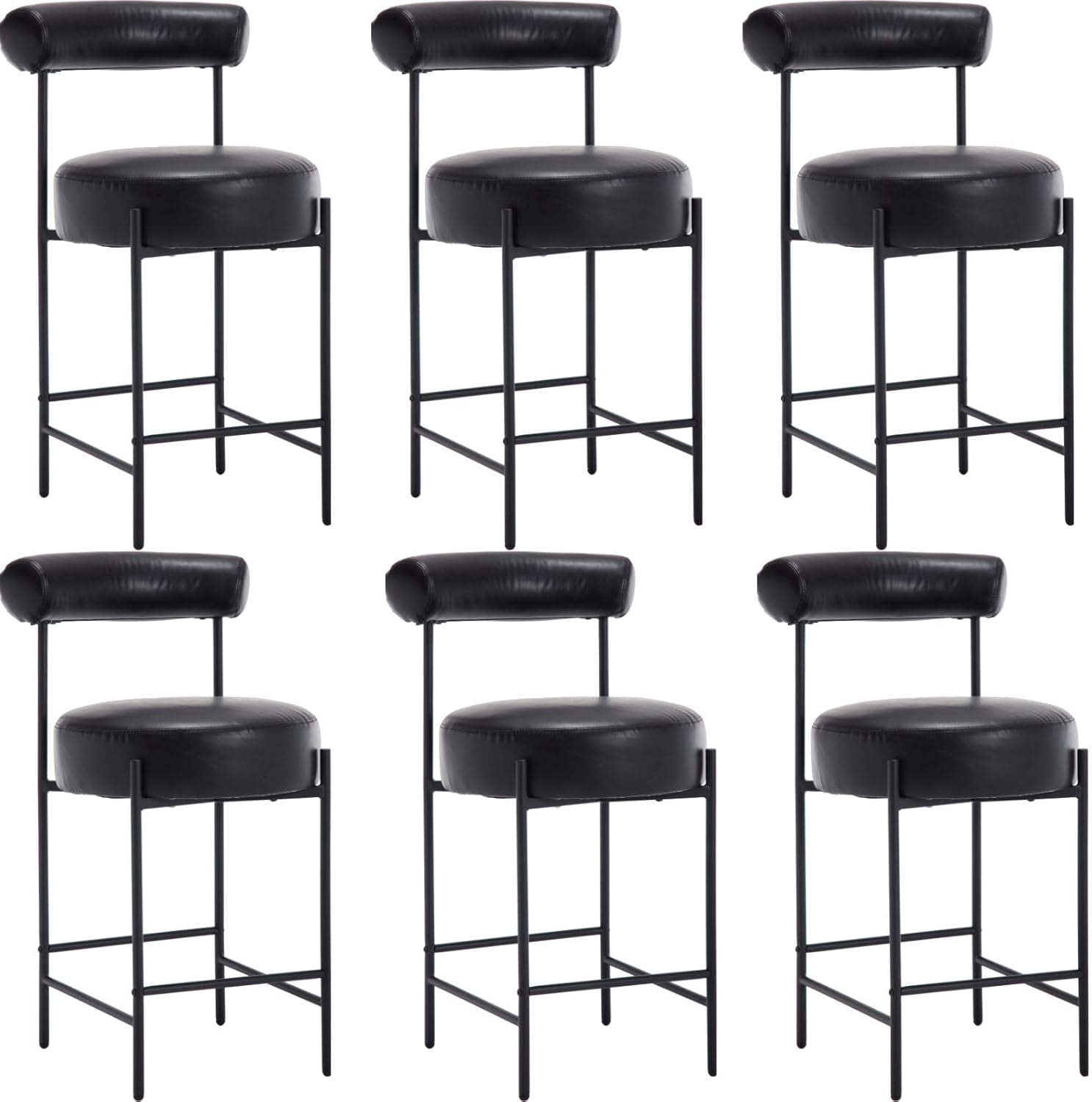 Black Modern Bar Stools Set of 2 Faux Leather Counter Height Stools ...