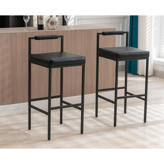 Black Modern Bar Stools Set of 2 PU Leather Bar Height Barstools Upholstered Square Tall Bar Chairs Industrial Counter Stool with Back/Metal Legs for Bar/Kitchen Island/Pub,30 Inch