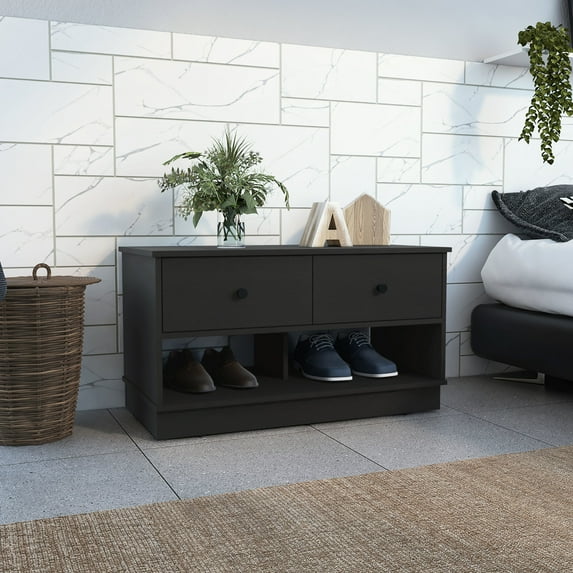 Black Modern Bench with 2 Drawers and Shelves / Ideal for Home Organization