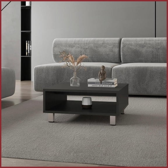 Black Modern Coffee Table with Open Storage & Easy-Clean Melamine Coating for Living Room