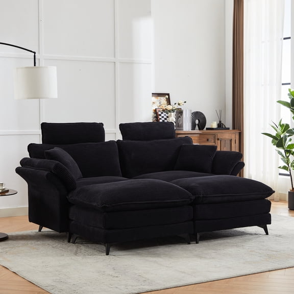 Black Modern Corduroy 4-Seater Sectional Sofa with Solid Wood Frame / Supports Your Body Comfortably