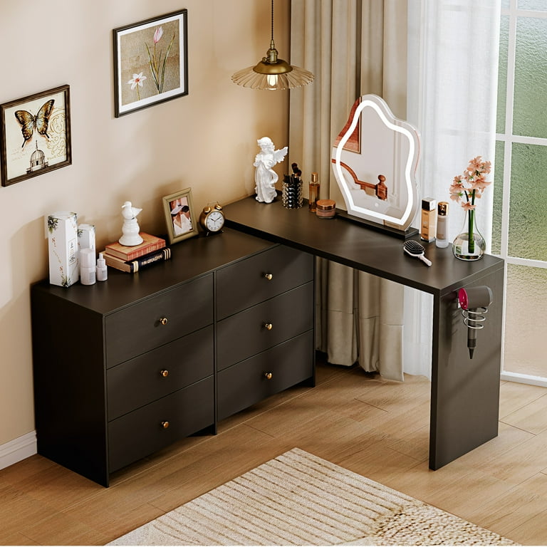 Black Modern Corner Makeup Vanity Table with LED Mirror and 6 Spacious Drawers with Cabinet Retractable Dressing Table Laptop Writing Desk 3 Sections Silent Slides Gift for Girls and Women Walmart