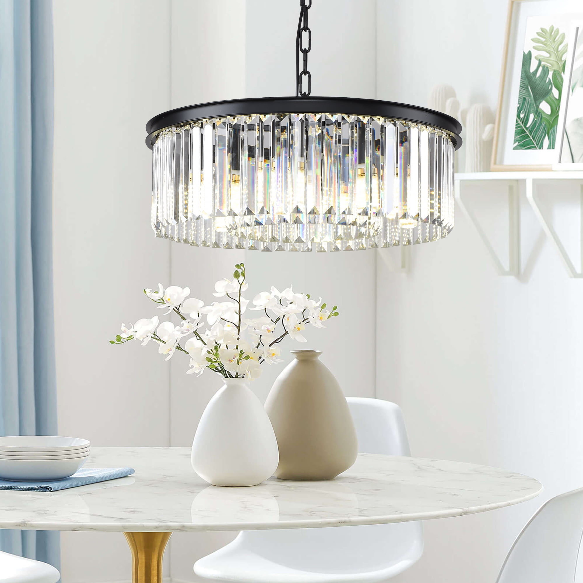 Black Modern Crystal Chandelier Lighting Ceiling Light Fixture 2-Tier K9 Crystal Hanging Pendant Light for Dining Room Bedroom Hallway