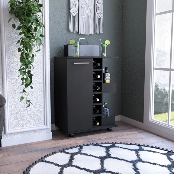 Black Modern Design - Cabinet with Two Shelves - Dining Room Entertainment - Easy - to - Place Bar Cart