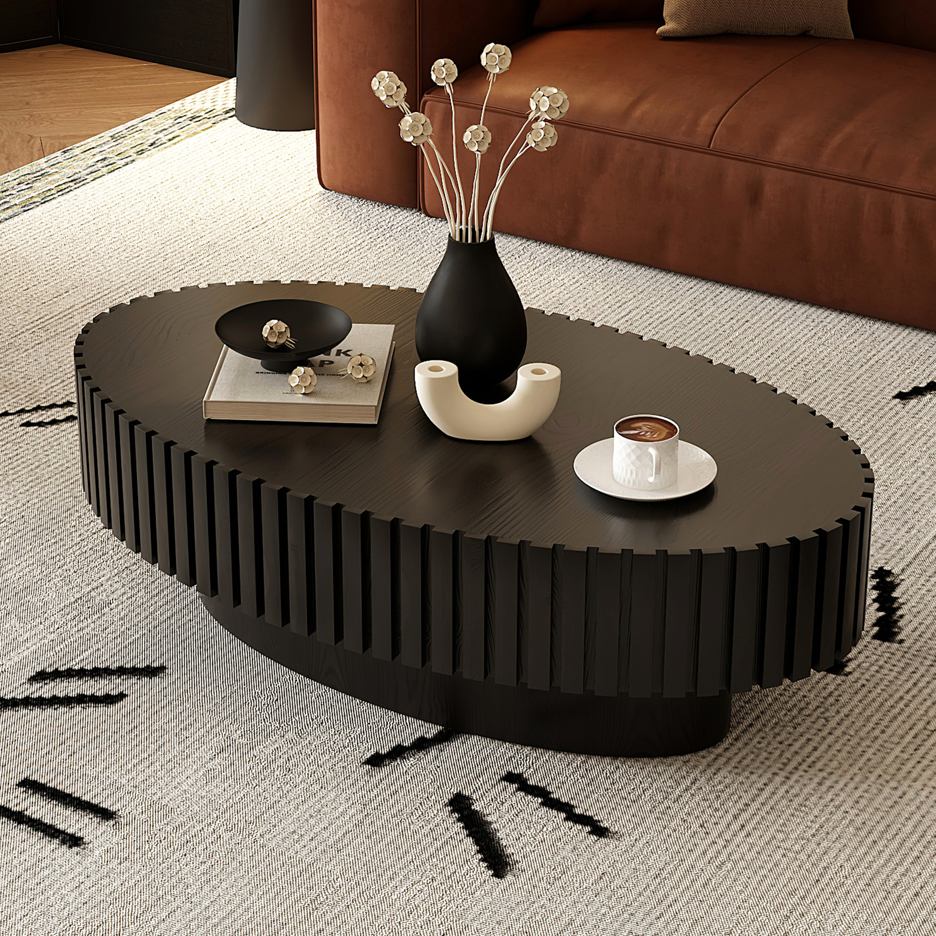 Tae Table Black - Modern Design with Grooves - Living Room - Easy Assembly Tea ...