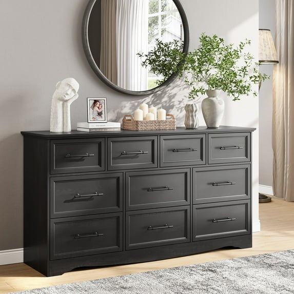Black Modern Farmhouse 10 Drawer Dresser, 59'' Wide Wood Storage Dresser with Smooth Black Metal Handles, Sturdy Storage Cabinet for Bedroom, Living Room, Hallway