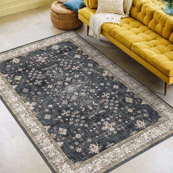 Black Modern Farmhouse 5x8 Area Rug for Living Room, Boho Large Entryway Rug, Dark Floor Carpet for Kitchen Under Small Dining Table, Bedroom - Washable Low Pile Waterproof Non Slip & Stain Resistanc