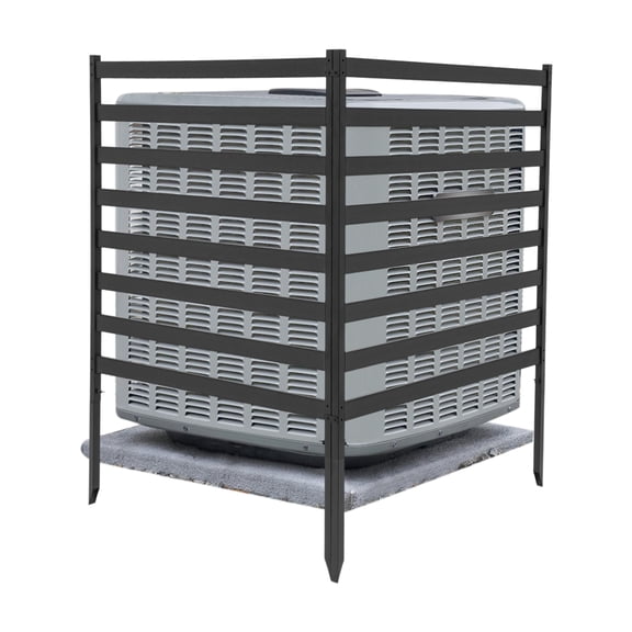 Black Modern Floor-Mounted AC Fence, Steel Pipe & Plastic-wood. High-Temp Baked Paint, 4 Stakes. Stable Slat Design, Protects AC from Weather. Hides Trash Cans, Enhances Privacy.
