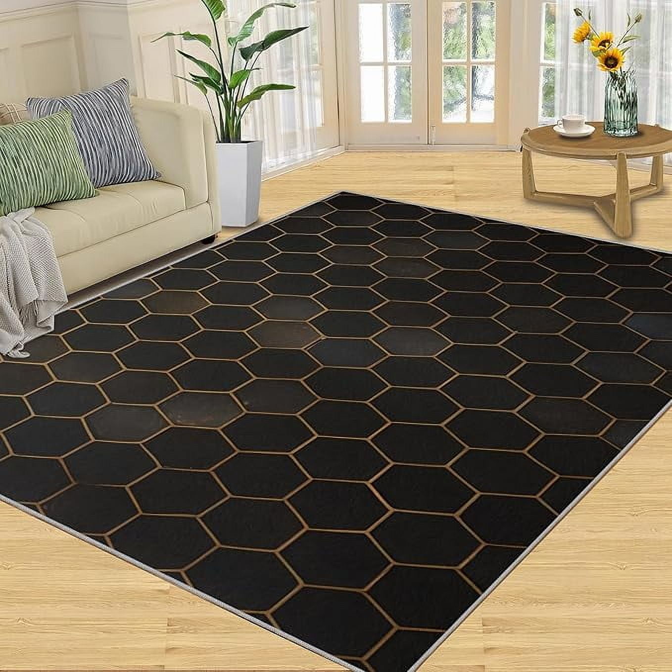 Black And Modern Geometric Rug, Honeycomb Shape Pattern Area Rugs For ...