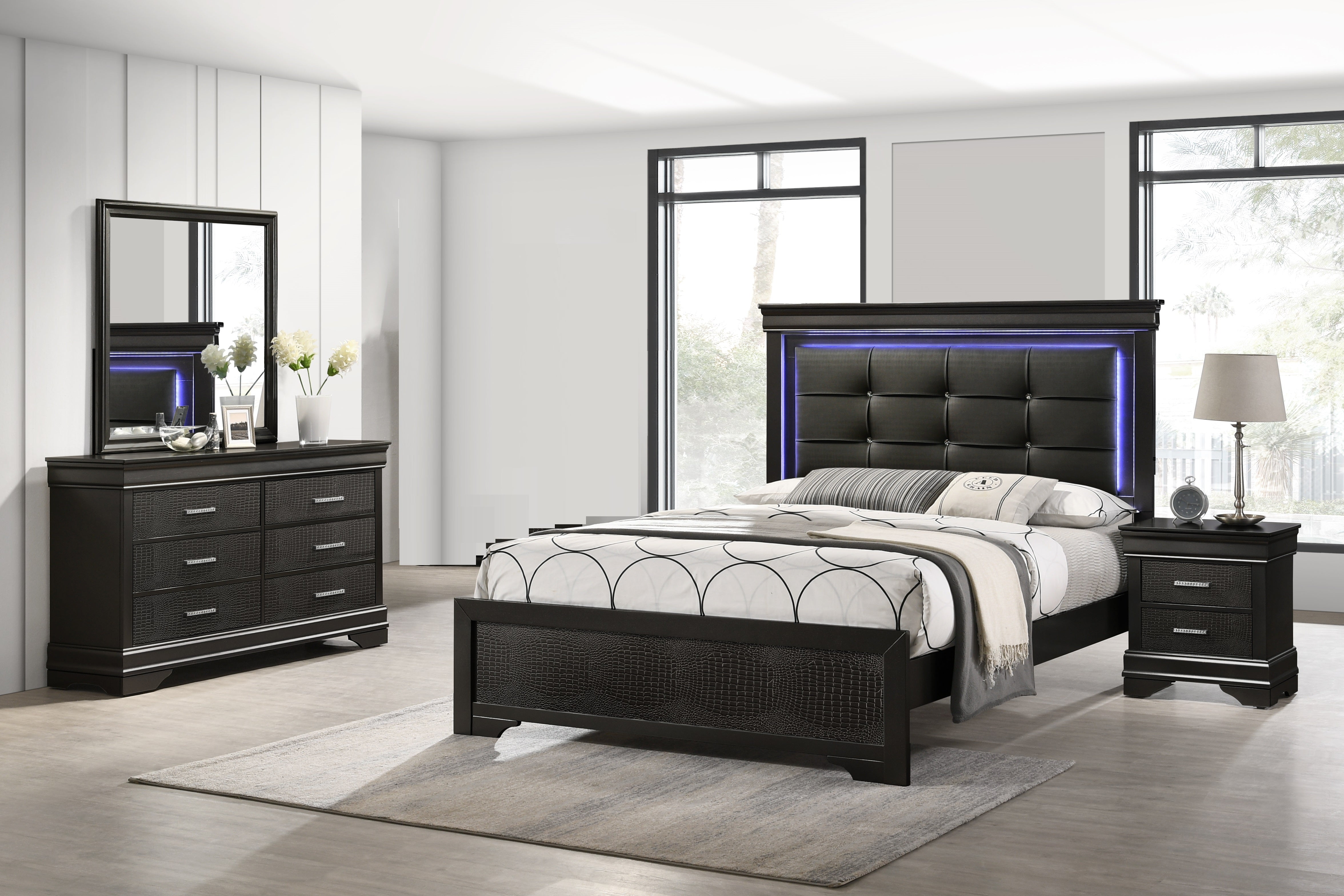 Black Modern LED Light King Panel Upholstered Bed Wooden Bedroom 5pc Set